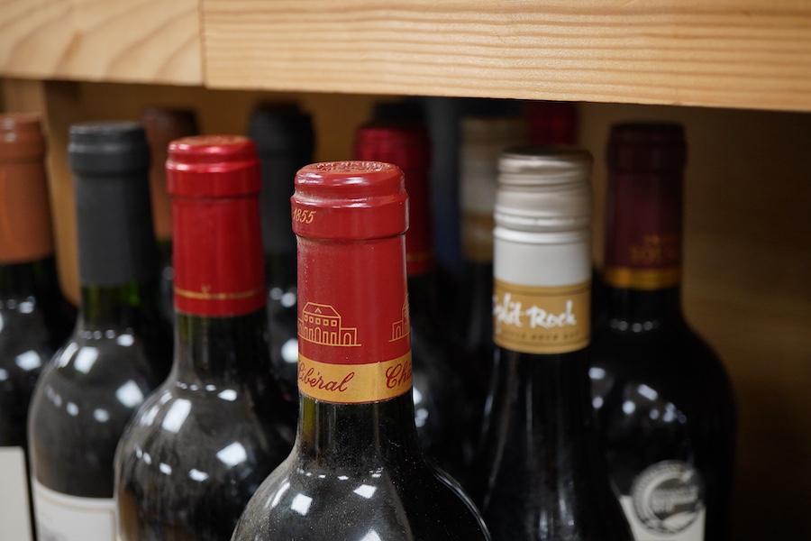 A bottle of Chateau Haut-Bages Liberal, 2001, and thirteen other bottles of red wine